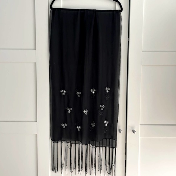 unbranded Accessories - Sheer Black EUC Chiffon Scarf Wrap with Silver Square Beads.